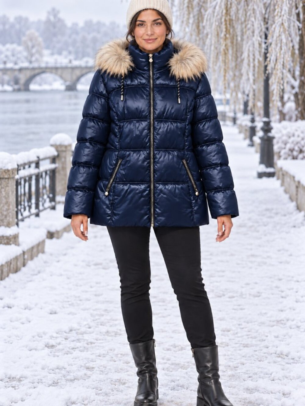Laundry by Shelli Segal Navy Puffer Coat Faux Fur Hood L